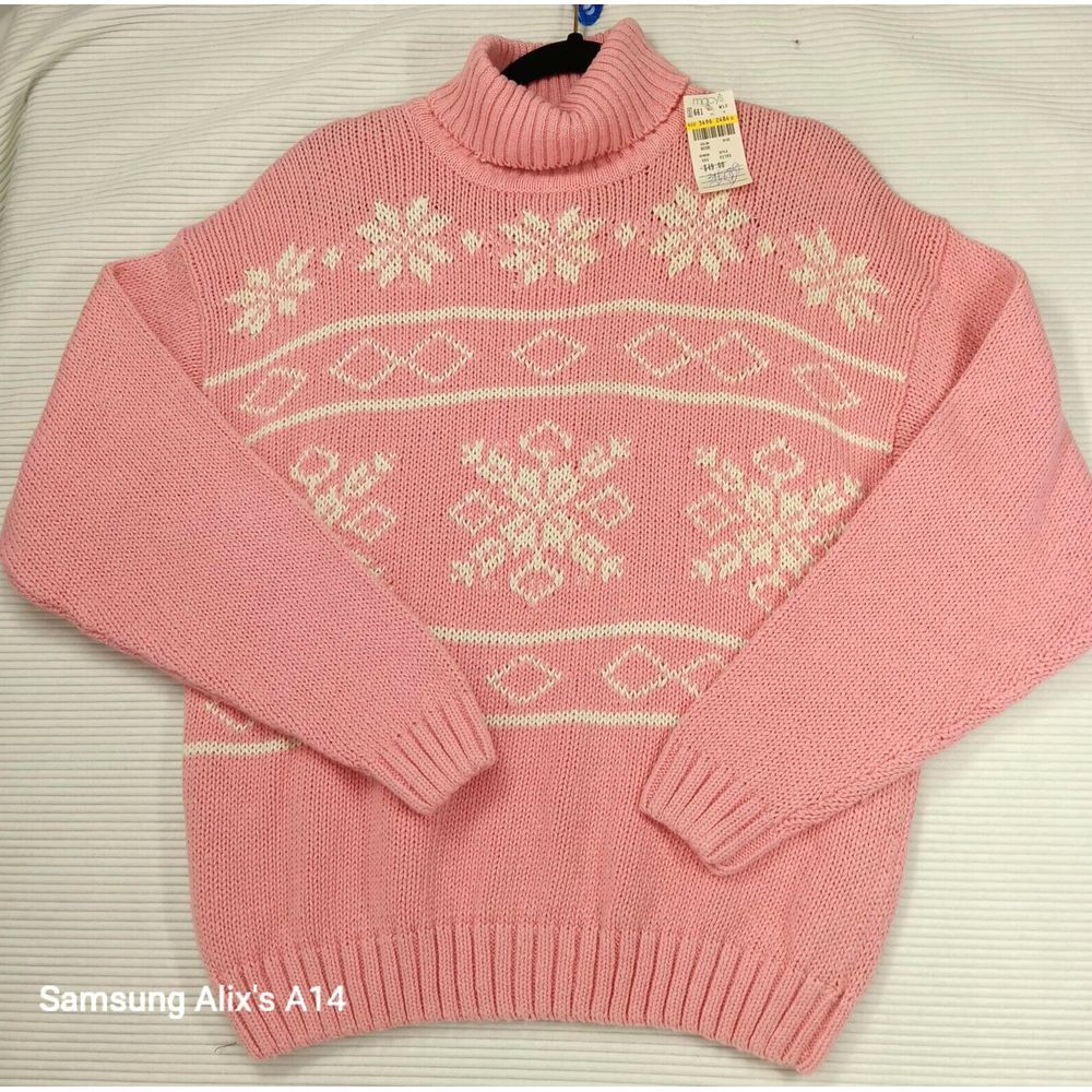 Vtg Jennifer Moore Large Pink Christmas Mock Neck Sweater Ramie and Cotton New